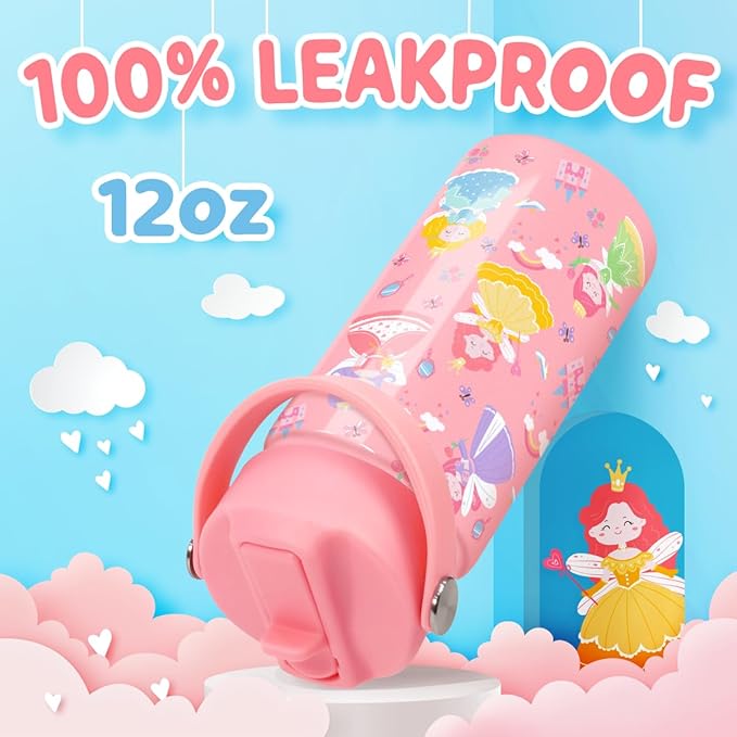 Princess Water Bottle for Girls - Kids Water Bottle with Straw Lid - 12 Oz Insulated Stainless Steel Water Bottles for Kid - Travel Cup for School Sports - Bloomnest
