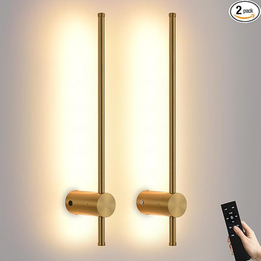 Battery Operated Wall Sconce USB Rechargeable Sconces, 23.6" Brushed Gold Wireless Wall lamp Set of 2, 3000K-6000K & Dimming with Remote Control, LED Wall Lights for Living Room, Bedroom - Bloomnest