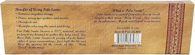 New Age Imports, Inc~ Premium Palo Santo & Myrrh 7-8" Size Incense Sticks. Great for Meditation, Smudging, Spiritual Cleansing. (10 Sticks Pack) NewAgeImportsInc