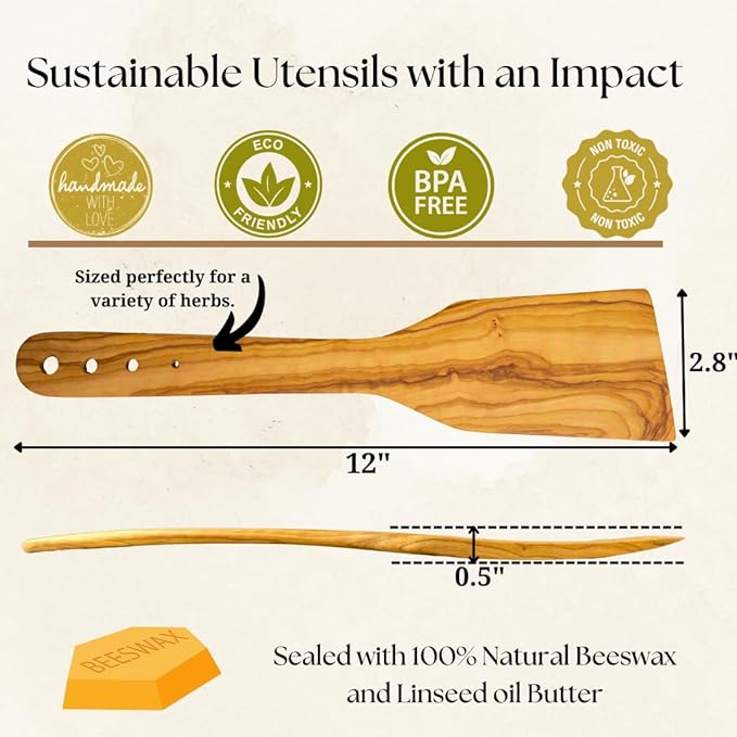 OLIVE WOOD SPATULA - Built-in Herb Stripper, Wooden Frying Spatula, Artisan Utensil, Fair-Trade, Handcrafted Cooking Utensils -LESVOS WOODCRAFT - Bloomnest