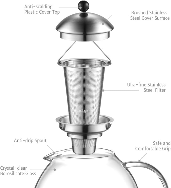 glastal 67oz XL Large Glass Teapot with Infuser Stovetop Safe, Tea Pots for Loose Tea Glass, Glass Tea Kettle for Stove Top, Clear Teapot with Strainer for Loose Tea (2000 ml)