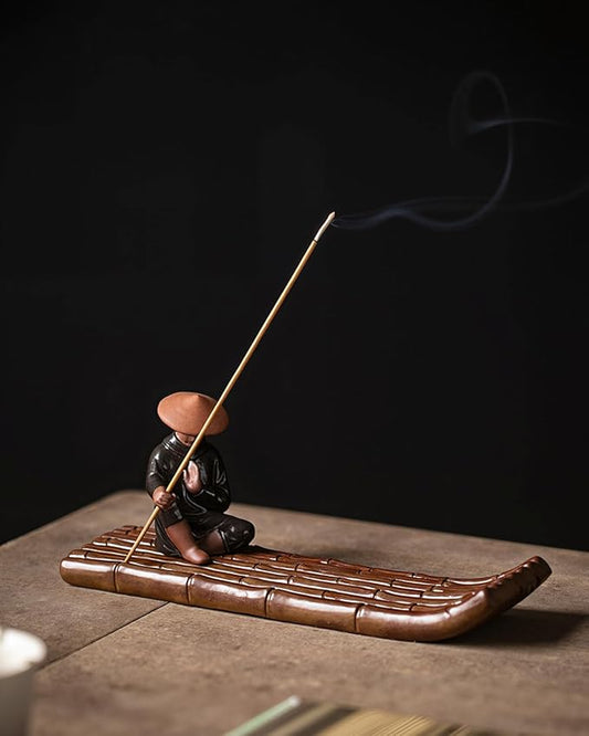 Ceramic Incense Stick Holder with Ash Catcher - Kung Fu Samurai on Bamboo Raft, Chinese & Japanese Home Decor for Meditation, Spa, Yoga