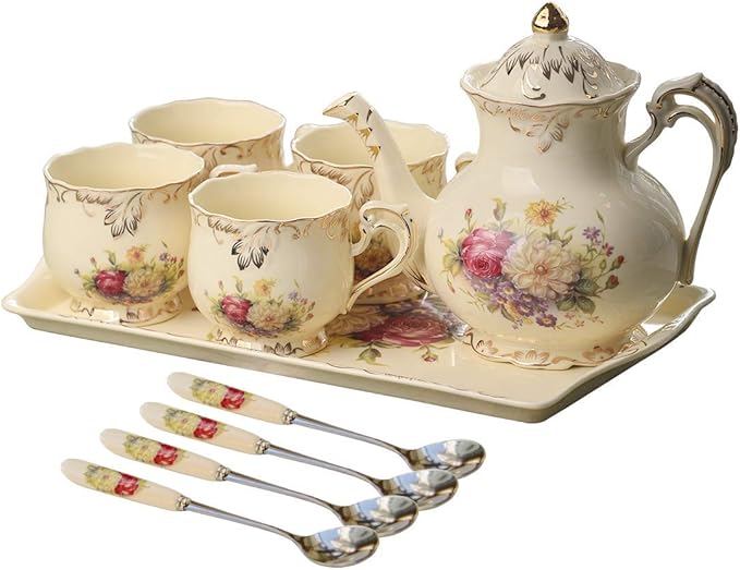 YOLIFE Porcelain Tea Set, Vintage Flowering Shrubs Teapot and Cups Set for Tea Party, Birthday Gifts for Mom Adults Women Wedding - Bloomnest