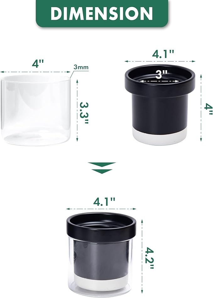 Phoenix Vine 4 Inch Self Watering Planter Pot, Black Terracotta Clay Pot with Glass Reservoir for Indoor Plants, Herbs, Flowers, Set of 3, 52-C-E-3 - Bloomnest