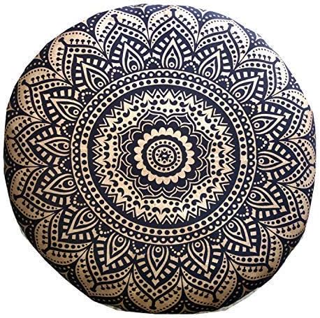 INDIAN CRAFT CASTLE 24" Gold Ombre Black Mandala Barmeri Large Floor Pillow Cover Cushion Meditation Seating Ottoman Throw Cover Hippie Decorative Zipped Bohemian Pouf Ottoman Pom Pom Cases 24" Round - Bloomnest