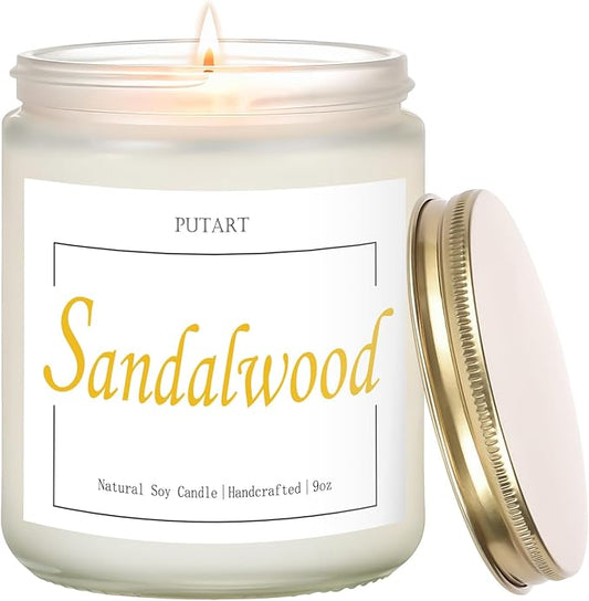 Sandalwood Scented Candles for Home, Natural Soy Wax Aromatherapy Santal Candle Gifts for Women & Men, Handmade Highly Scented & Long Lasting Non Toxic Jar Candle for Stress Relief (9oz - Bloomnest