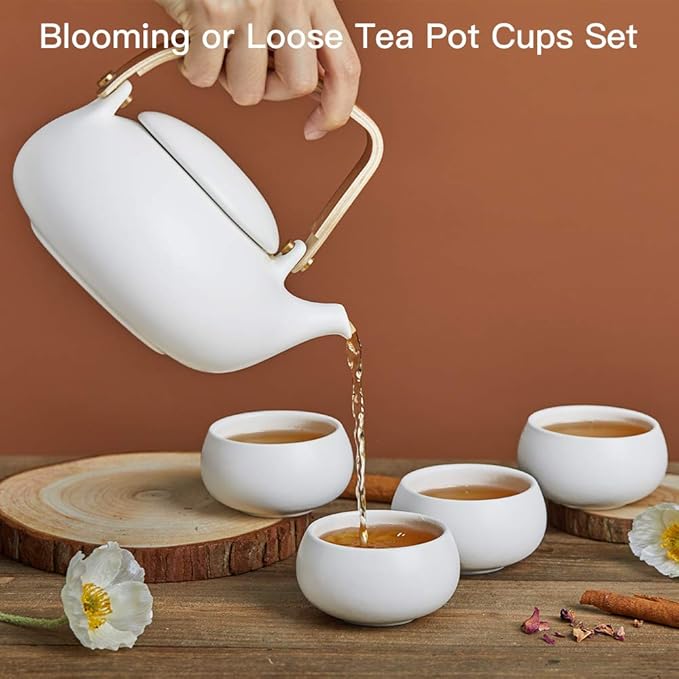 ZENS Modern Japanese Tea Set, 27 oz Ceramic Japanese Teapot with Fine Stainers and 4 Cups for Loose Leaf Tea Steeper, Wood Handle Matte Japanese Teapots Hot Tea Brewer for Tea Party Women Gifts - Bloomnest