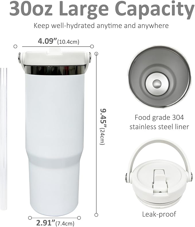 30 oz Tumbler with Handle, Double Wall Vacuum Insulated Tumblers with Flip Straw, Coffee Mug 30oz Powder Coated Cup for Hot and Cold Drinks(Black Plated, White,4 pack)