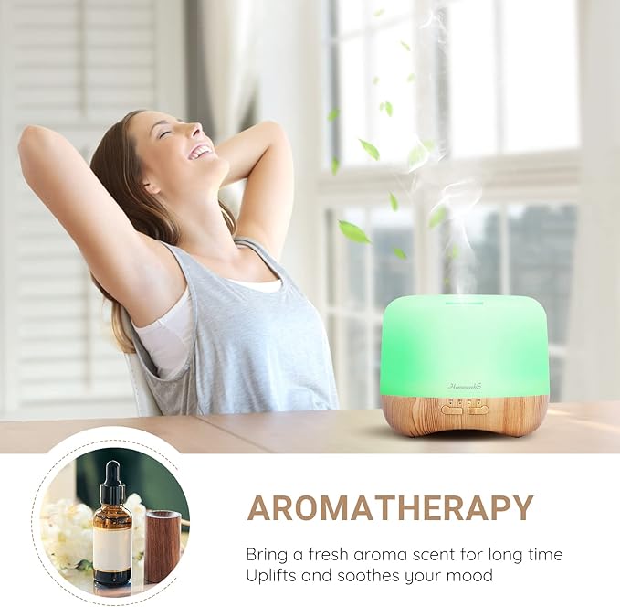 Homeweeks 300ml Essential Oil Diffuser, Quiet Aromatherapy Mist Diffusers for Essential Oils, Wood Grain, Ultrasonic, Remote Control, Timer, 7 Colors Light for Bedroom (300ml) - Bloomnest