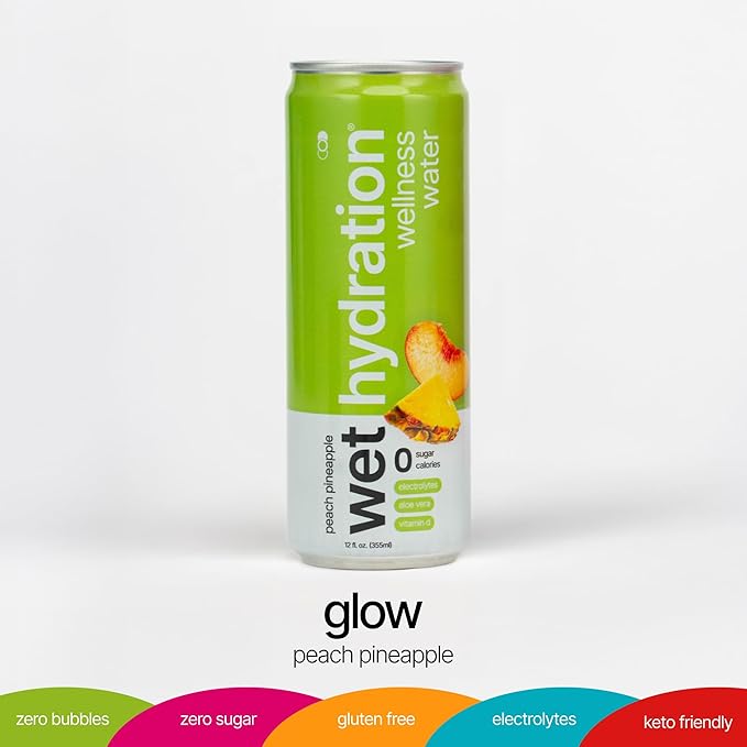 Wet Hydration | Functional Wellness Water, Non-Carbonated - Peach Pineapple (12 Ounce Cans, Pack of 12) - Flavored Water, Hydration Drink, No Sugar, No Artificial Ingredients, Zero Calories (Packaging May Vary) - Bloomnest