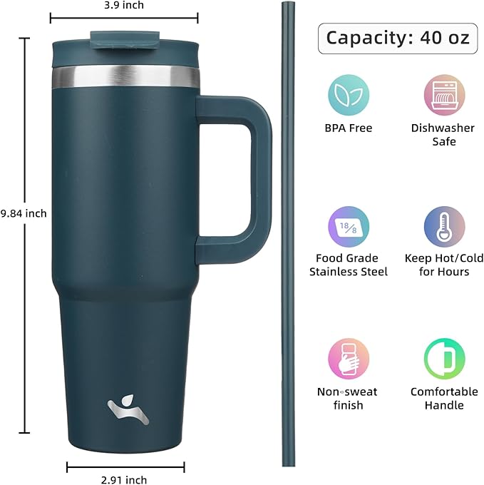 40 oz Tumbler with Handle and 2 Straws,2 in 1 Lid Insulated Water Bottle Stainless Steel Travel Coffee Mug,Navy blue - Bloomnest