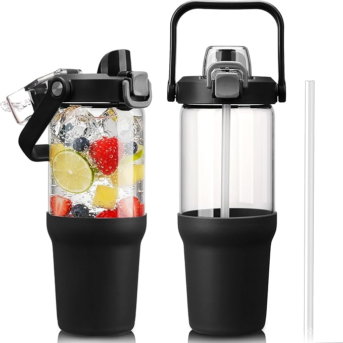 Glass Tumbler with Carry Handle, Clear Glass Water Bottle with Leakproof Lid, Spout Lid&Straw, BPA-Free, 32 oz, Black - Bloomnest