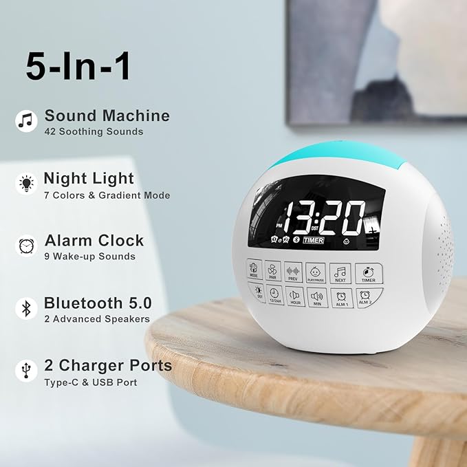 42 Sound White Noise Machine for Kids Adult Baby Sleeping + Bluetooth + Nightlight, Lullaby/Nature Soothing Sounds, 2 Alarm Clock for Bedroom Home, Adjustable Volume, 15-480 Timer, USB & AC Powered… - Bloomnest