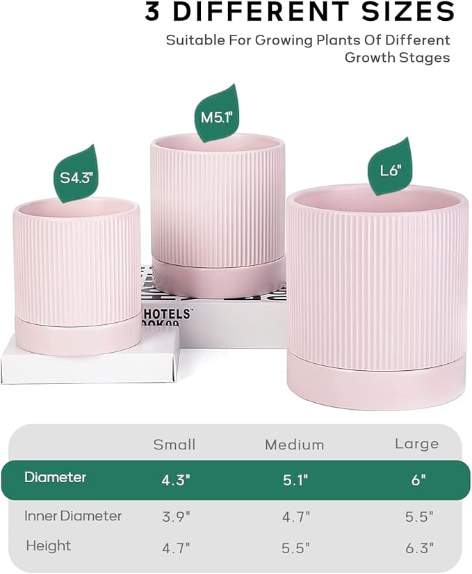 LaDoVita 3 Pack Ceramic Plant Pots 6/5/4 inch, Flowerpot for Indoor Plants with Drainage Holes and Tray, Outdoor Garden Planters, Modern Decorative for Home, Pink Vertical Stripes - Bloomnest