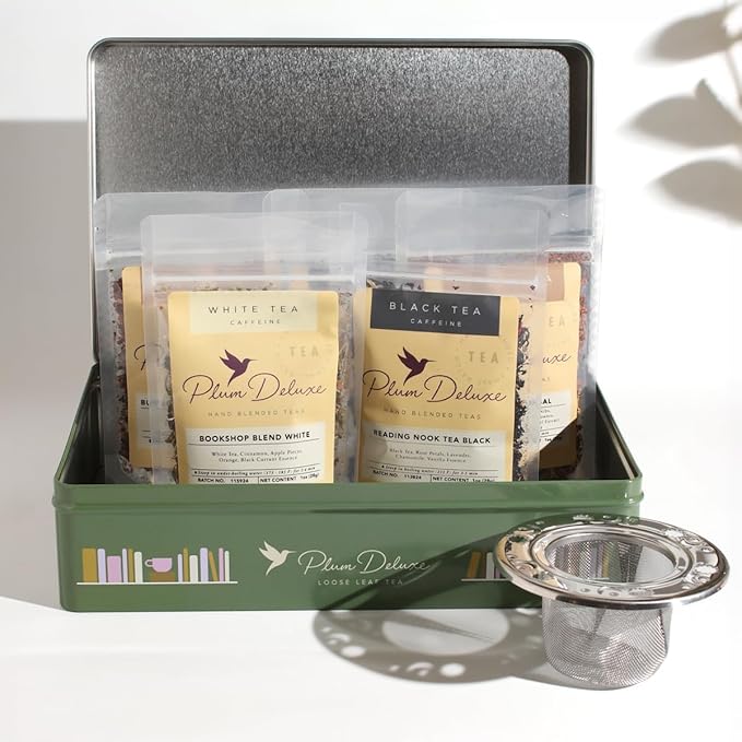 Literary Tea Collection Assorted Tea Gift Set - Hand-Crafted Loose Leaf Teas, Presentation Gift Box with Loose Leaf Steeper Included - Mixed Caffeine - 5 Unique and Flavorful Teas, 75+ Cups - Bloomnest