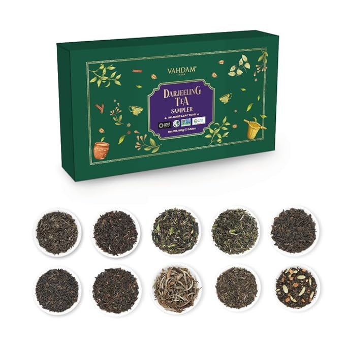 VAHDAM, Assorted Darjeeling Tea Sampler (10 Flavors, 50 Servings) Gluten Free, Non GMO - Darjeeling First Flush & Second Flush | Loose Leaf Tea Sample - Bloomnest