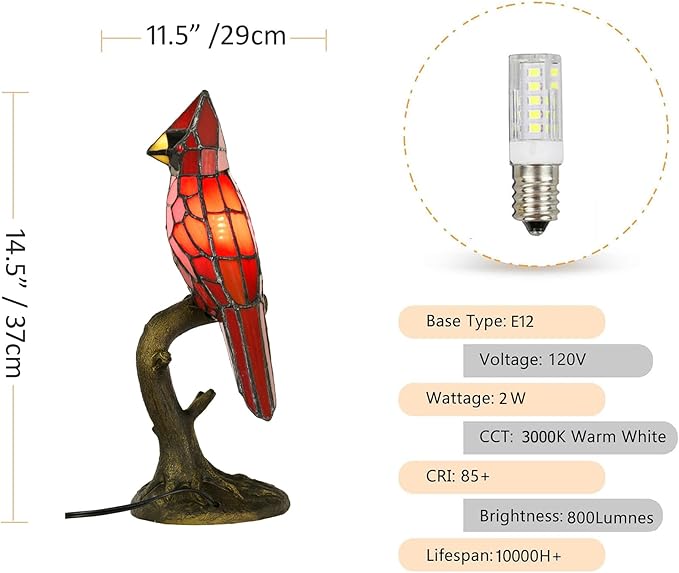 Cardinal Tiffany Style Accent Table Lamp in Height 14.5" Overall, Handmade Stained Glass Red Bird Lamp for Bedside Livingroom Bedroom Home Decoration (Red Cardinal) - Bloomnest