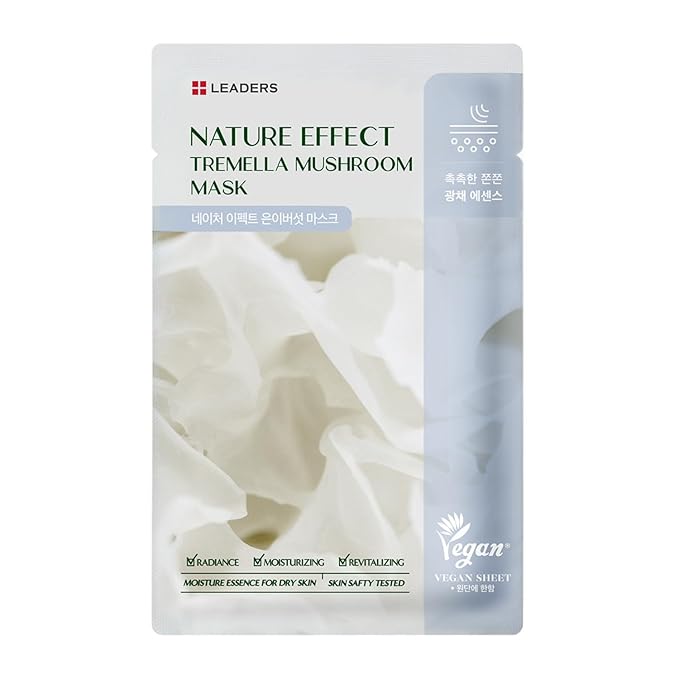 LEADERS Nature Effect Tremella Mushroom Mask - Hydrating & Elasticity Boosting Face Mask with Vegan Collagen, Moisturizing and Heals Dry Skin with Serum Content, Vegan Certified - 10 Sheets - Bloomnest