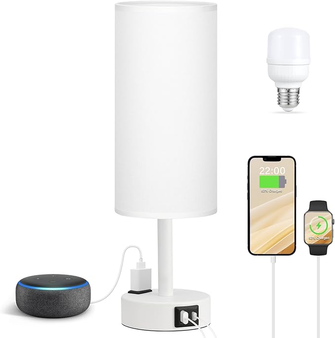 Fenmzee Matte White Bedside Table Lamp for Bedroom - 3 Way Dimmable Touch Lamp USB C Charging Ports and AC Outlet, Small Lamp Round Flaxen Fabric Shade for Living Room, Desk, LED Bulb Included - Bloomnest