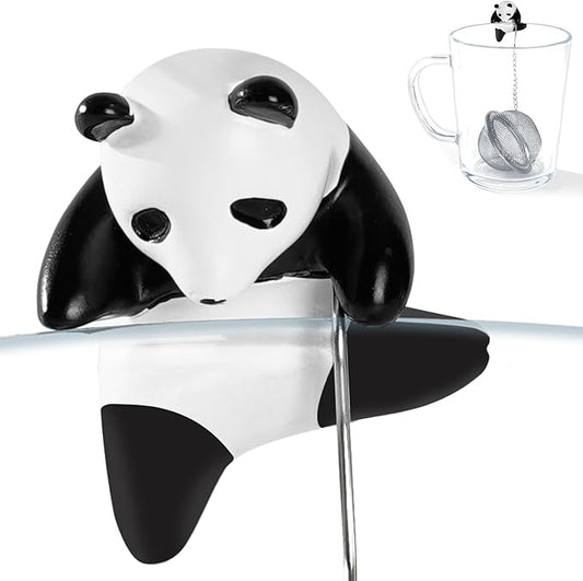 Calico Cat Tea Infuser Set - Adorable Tricolor Kitty Hook, Fine Mesh Loose Leaf Tea Steeper, Stainless Steel, No Mess, 1 Pack (Panda Climbing the Cup Edge)