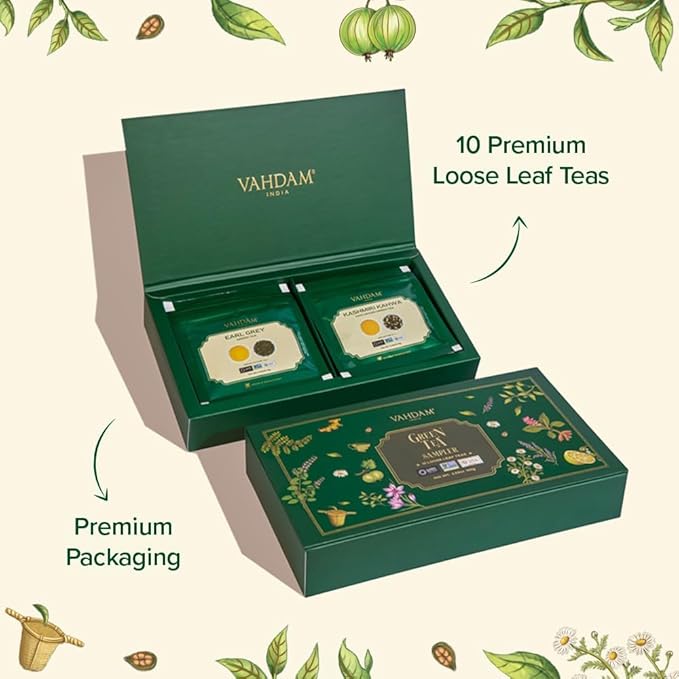 VAHDAM, Assorted Green Tea Loose Leaf Tea Gift Set (10 Flavors) Gift Ideas for Women & Men | Exotic Himalayan Green Tea Blends | Resealable Ziplock Pouch | Gifts for Him/Her - Bloomnest