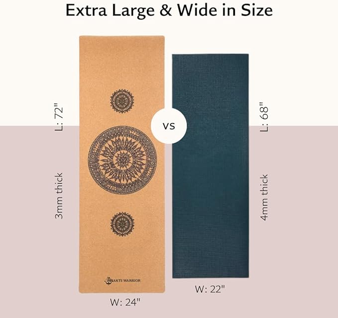 Shakti Warrior Cork Yoga Mat - Artist Designed, Premium Printed Eco-Friendly Non-Slip mat, Great for Regular & Hot Yoga, Pilates, Workouts 72 inch x 24 inch x 3mm Thick - Bloomnest