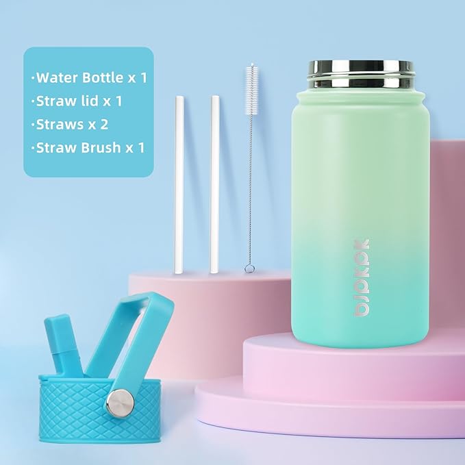 BJPKPK Insulated Water Bottle with Straw Lid, 15 oz Stainless Steel Metal Water Bottles, Reusable Leak Proof BPA Free Thermo, Flask, Cups - Mint - Bloomnest