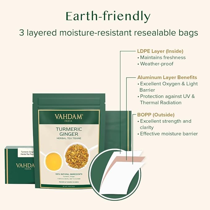 VAHDAM, Turmeric Ginger Herbal Tea (50+ Cups, 3.53oz) Caffeine Free | 100% Pure Herbal Blend - Savory & Spicy | Vacuum Sealed | Direct from Source - Bloomnest