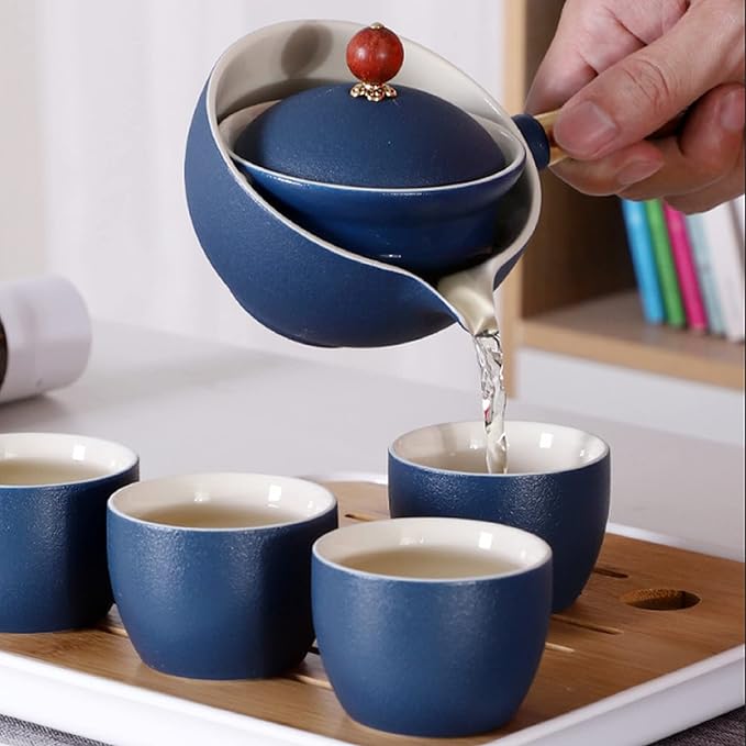 Ceramic Portable Travel Tea Set, Chinese Kungfu Tea Set with 360 Rotation Teapot and Infuser, 4 Tea Cups, Tea Tray And Travel Bag (Blue)