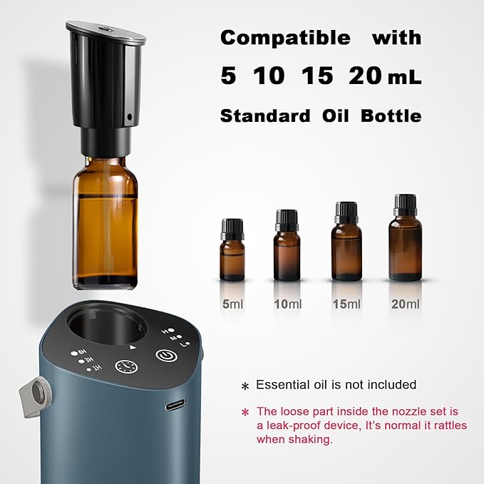 Waterless Essential Oil Diffuser for Car & Home, Aromatherapy Diffuser with 4 Timer (1/3/6/Off), 3 Mist Mode, Battery Operated, Air Scent Diffuser for Bathroom Office, Small Aroma Diffuser Greyblue - Bloomnest