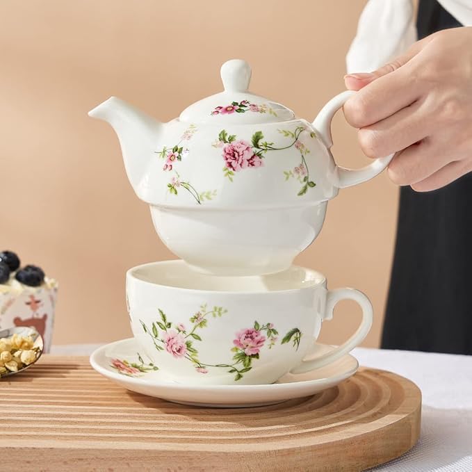 Porcelain Tea for One Set, Floral Ceramic Tea for One Teapot and Cup Set, 12oz Rattan Flowers Tea Set Gift for women - Bloomnest