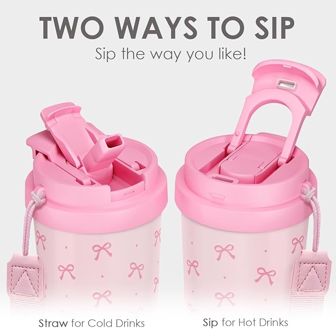 Bow Tumbler - Stainless Steel 2-in-1 Lid Coffee Tumbler 18 oz, Coquette Bow Insulated Travel Mug Gift for Women Girls Teens, Christmas Birthday (Pink) - Bloomnest