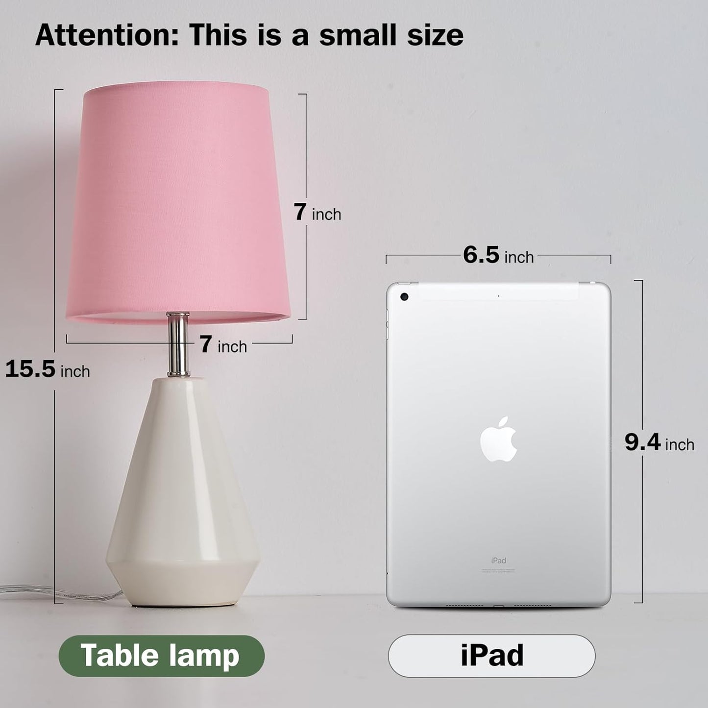 Small Bedside Table Lamp for Bedroom - Reading Desk Lamp with 3 Color Temperatures，15.5" Nightstand Ceramic Lamp with Fabric Shade for Kids Room,Living Room,Dorm,Home Office (White+Pink