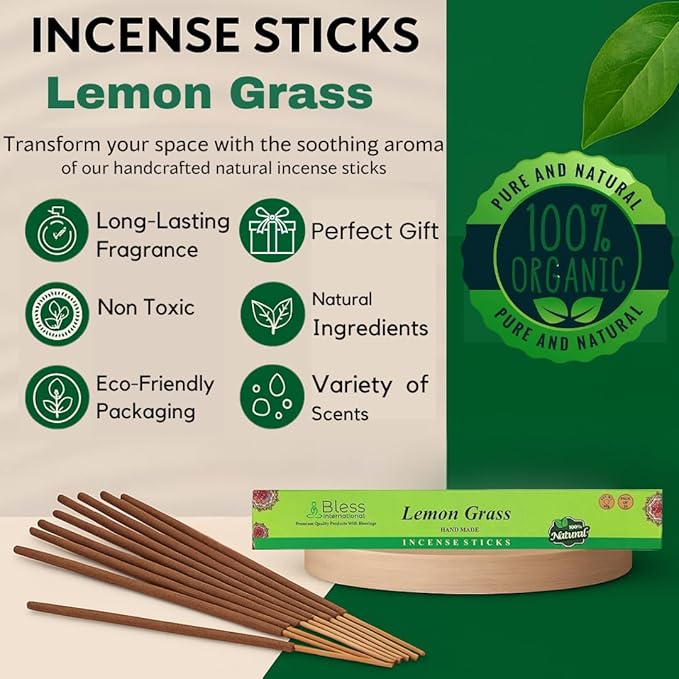 Bless-Lemon-Grass 100%-Natural-Handmade-Hand-Dipped-Incense-Sticks Organic-Chemicals-Charcoal-Free Purification-Relaxation-Positivity-Yoga-Meditation Best-Woods-Scent (100 Sticks(5.25 OZ)) BlessInternational