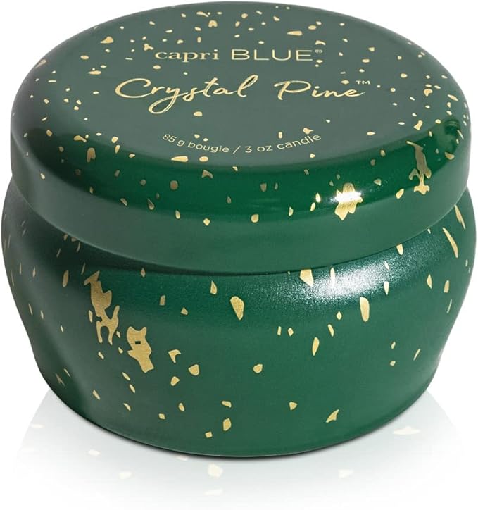 Capri Blue Glimmer Mini Tin - Crystal Pine Scented Candle with Mini Tin Candle Holder - Soy Wax Blend - Capri Blue Crystal Pine Emerald Green and Gold (3 oz) - Bloomnest