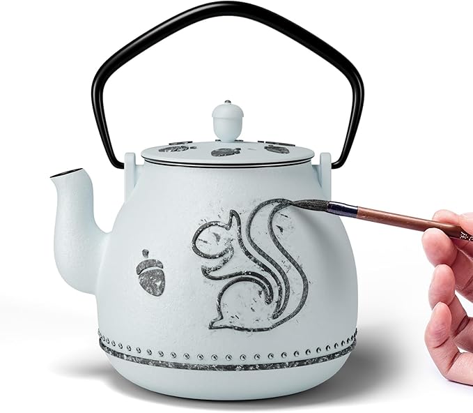 Toptier Teapot with Removable Infuser, Cast Iron Tea Kettle Stovetop Safe, Squirrel Design Tea Pot Coated with Enameled Interior for 32 Ounce (950 ml), Light Blue - Bloomnest