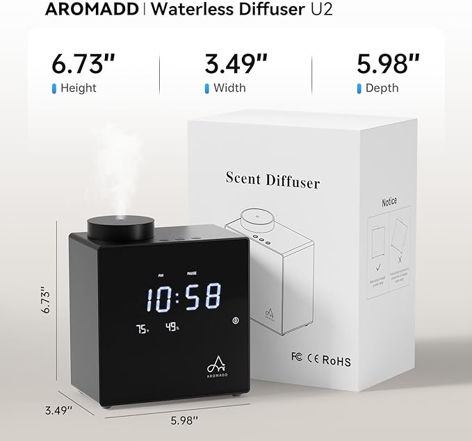 2026 Smart Waterless Diffuser, 2000 Sq.Ft Cold Air Scent Machine with Clock & Environmental Display | 7 Fragrance Levels, 9 Timer Settings, Hotel Collection Diffuser for Home & Large Rooms (Black) - Bloomnest