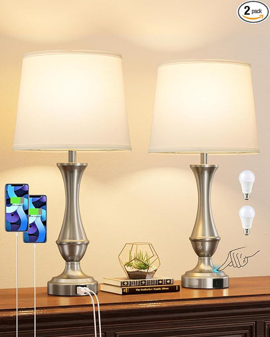 Seealle Upgraded Touch Lamps for Night Stands Set of 2 - Bedside Lamps with USB C+A, 3 Way Dimmable for Bedroom Living Room End Tables Office (White&Nickel) - Bloomnest