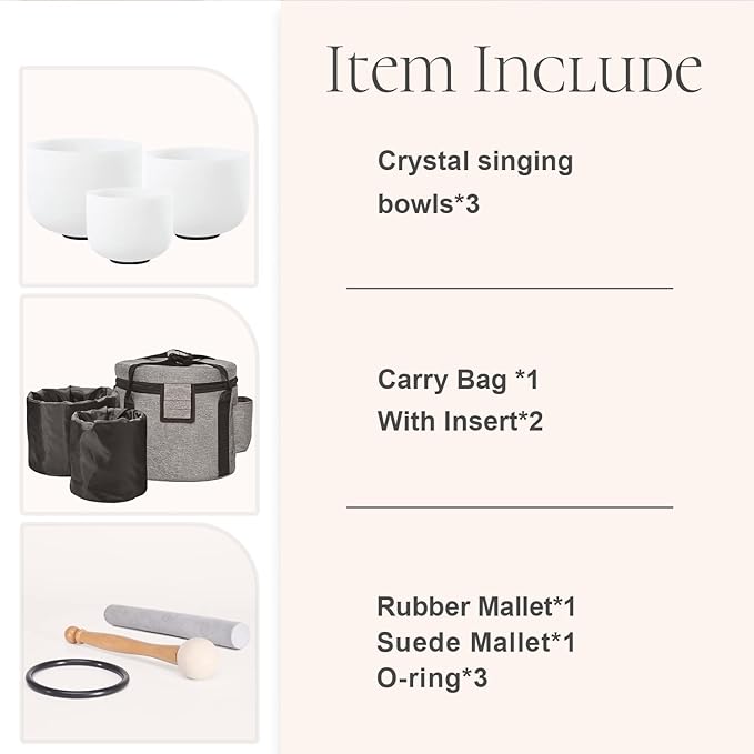 CVNC Set of 3 PCS 440HZ 6" A Note 8" F Note and 10" C Note Frosted Chakra Quartz Crystal Singing Bowl with Carry Case Bag for Sound Healing Meditation - Bloomnest