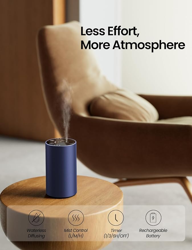 Waterless Essential Oil Diffuser, Rechargeable Scent Diffusers with 3 Mist Levels & Timers, Portable Aromatherapy Diffuser for Home Car Room Studio Office, Deep Blue - Bloomnest