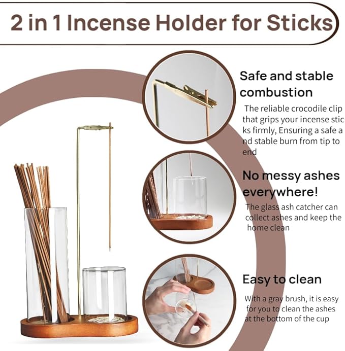 2 in 1 Incense Holder for Sticks with Glass Ash Catcher, Anti-ash Incense Burner for Yoga Meditation Spa Room Decor, Includes Ash Brush