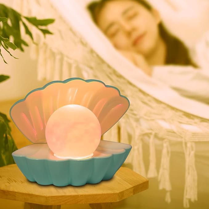 Shell Pearl Beach Themed Night Light, RGB 8 Colors Changing Mood Shell Pearl Lamps, Bedside LED Clamshell Portable Night Lights for Bar (Green) - Bloomnest