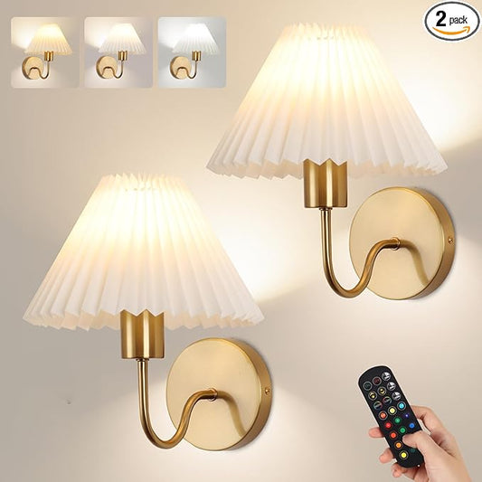 Wireless Wall Sconce Sets of 2, Pleated Shades Rechargeable Battery Operated Wall Sconce, Retro gooseneck Gold Wall Lights Bathroom Vanity Sconces, Wall Mounted Lamps for Bedroom Living Room Kitchen - Bloomnest