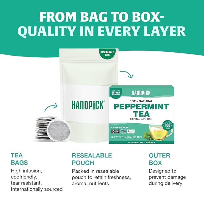 HANDPICK, Peppermint Tea, Eco-Conscious Tea Bags - 100 Count | Caffeine Free, Non-GMO | Minty, Fresh & Cool flavor | Direct From Source - Bloomnest