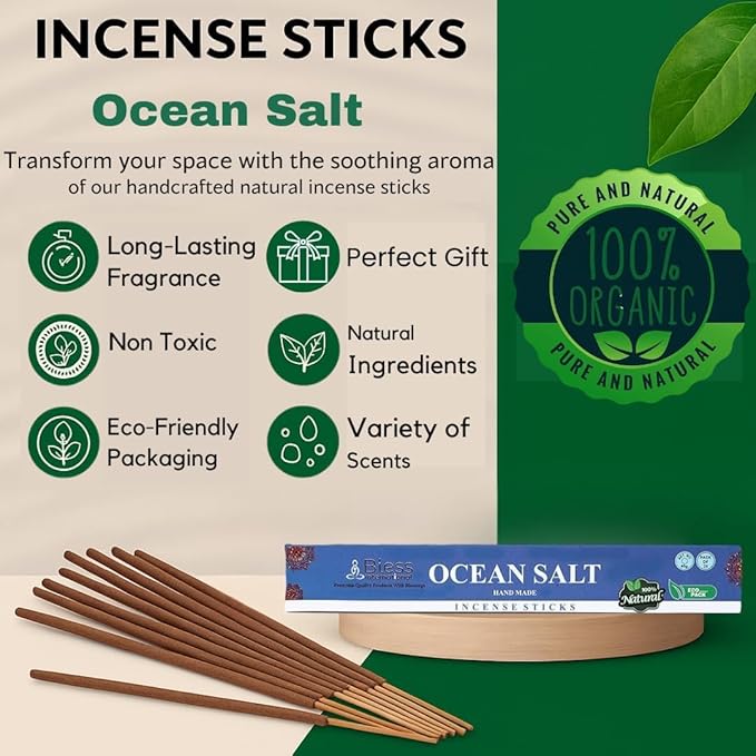 Bless-Ocean-Salt 100%-Natural-Handmade-Hand-Dipped-Incense-Sticks Organic-Chemicals-Charcoal-Free Purification-Relaxation-Positivity-Yoga-Meditation Best-Woods-Scent (100 Sticks(5.25 OZ)) BlessInternational