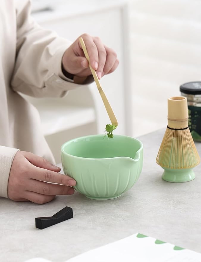 TANG PIN Matcha Set - Match Bowl with Spout and Whisk, 15 OZ, Matcha Scoop | Matcha Whisk Stand (Chasen Holder) - 4pc Perfect Matcha Kit for Matcha Tea Ceremony (Green) - Bloomnest