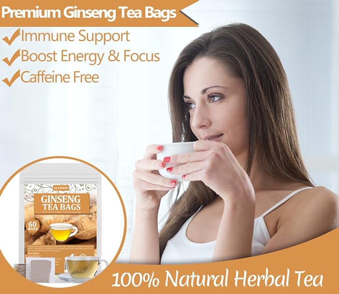 Premium 60 Ginseng Tea Bags, Made with Pure 100% Natural Wild Ginseng Root, Energizing & Immune Support, No Artificial Flavors & Caffeine Free. - Bloomnest