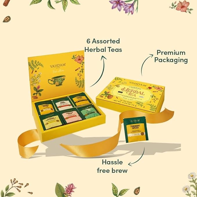 VAHDAM, Assorted Herbal Tea Variety Pack (6 Variants, 36 Tea Bags) Caffeine Free, Gluten Free, Non GMO | Eco Friendly Long Leaf Pyramid Tea Bags I Tea Gift Sets for Men and Women - Bloomnest