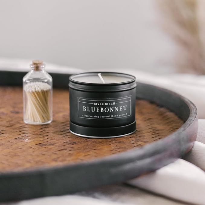 River Birch Premium, All-Natural, Non-Toxic Soy Wax | Bluebonnet Scented | 8 oz. Black Matte Tin Travel Candle | Cozy Relaxing Gifts for Home - Bloomnest