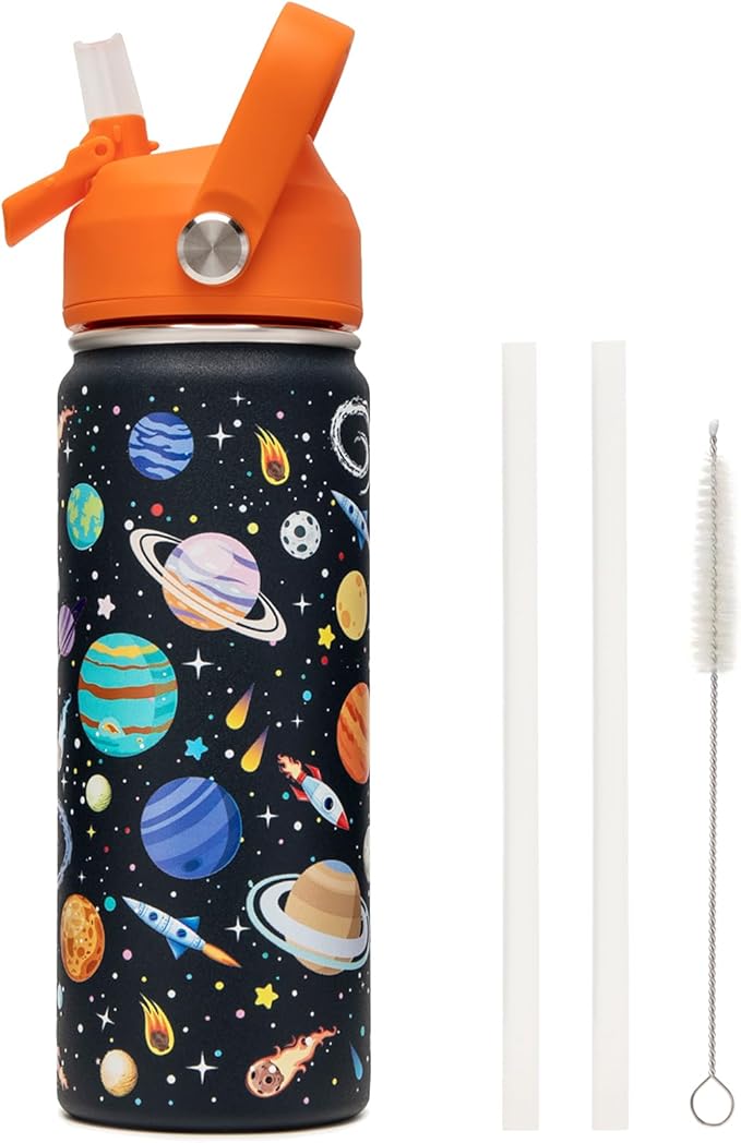 18oz Kids Insulated Water Bottle with Straw Lid - 18/8 Stainless Steel Kid Cup BPA-FREE Travel Tumbler Double Wall Vacuum Leak Proof Portable Toddler Water Bottle (Space) - Bloomnest